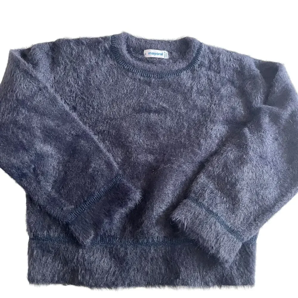 Mayoral Girls Navy Fuzzy Metallic Trim Crewneck Sweater size 4 Cozy